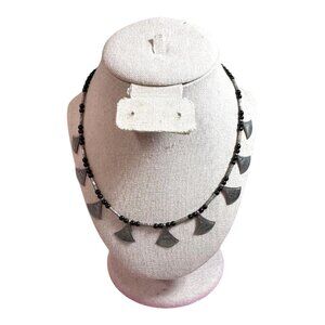 Vintage Tribal Toureg Black Onyx Bead Necklace Silver Fan Pendants 17" Unique